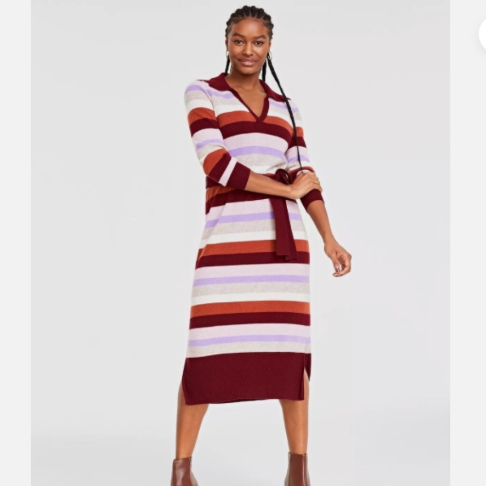 CHARTER CLUB Women's 100% Cashmere Striped Midi Dress Large NWOT